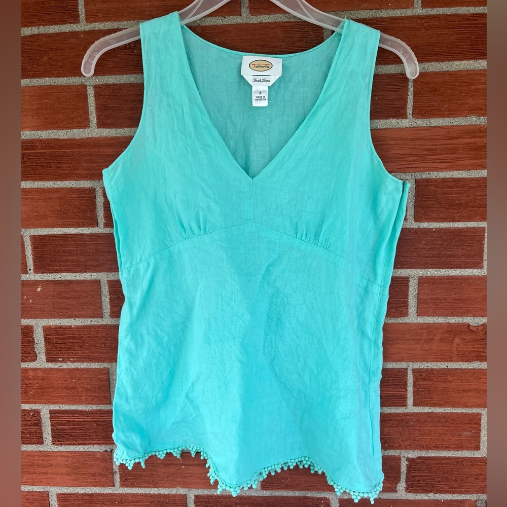 Vintage Talbots Irish linen sleeveless top pom pom crochet detail in aqua small